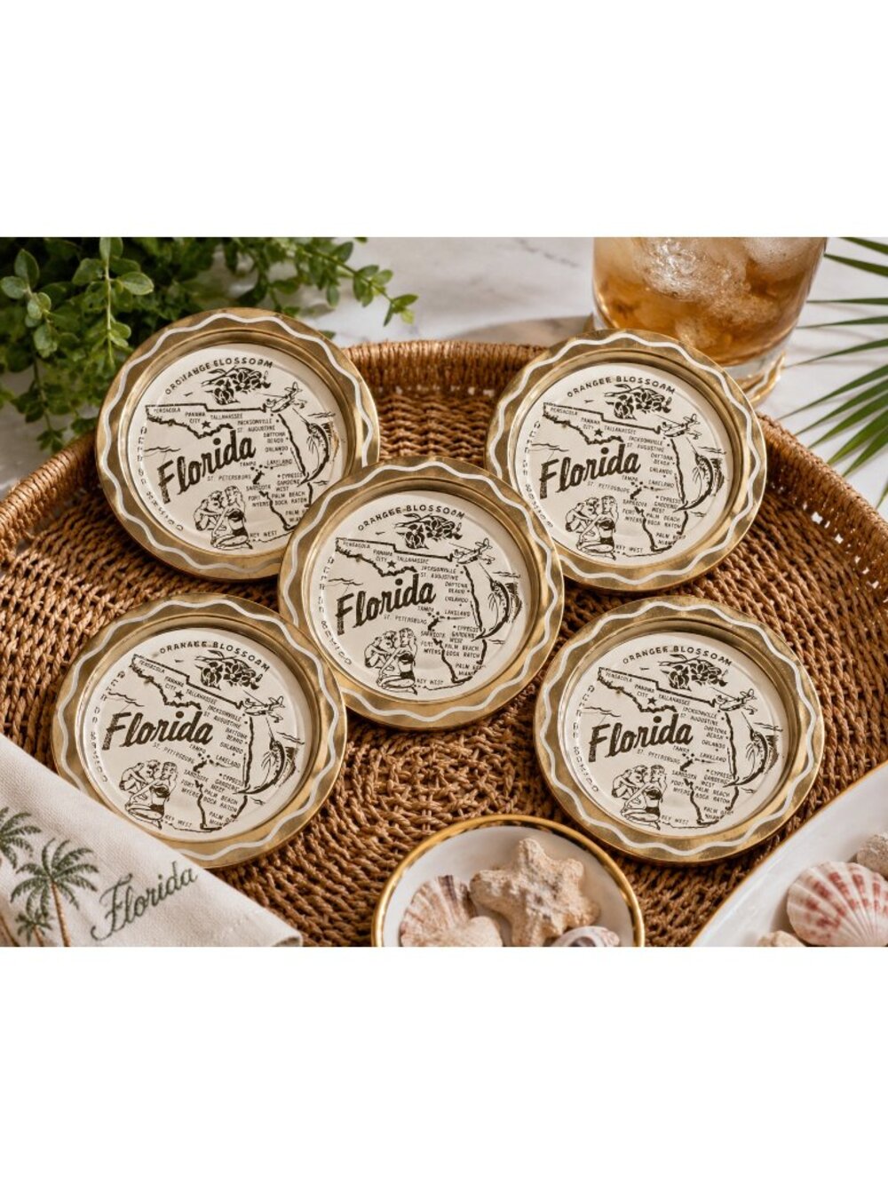 Vintage Florida Map Drink Coasters Set Metal Tin Souvenir Barware Gold White